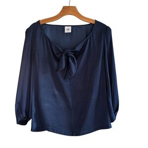 CAbi #5525 Blue Knot Blouse Micro Swiss Dot S Tie Neck Lightweight Silky